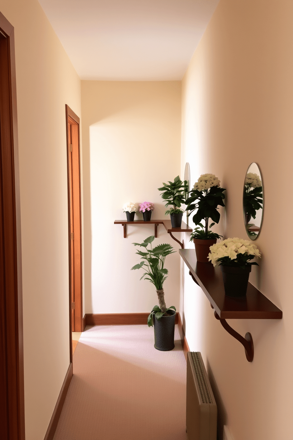 A cozy hallway adorned with small potted mums placed on elegant wooden shelves. The walls are painted in a soft beige hue, creating a warm and inviting atmosphere.