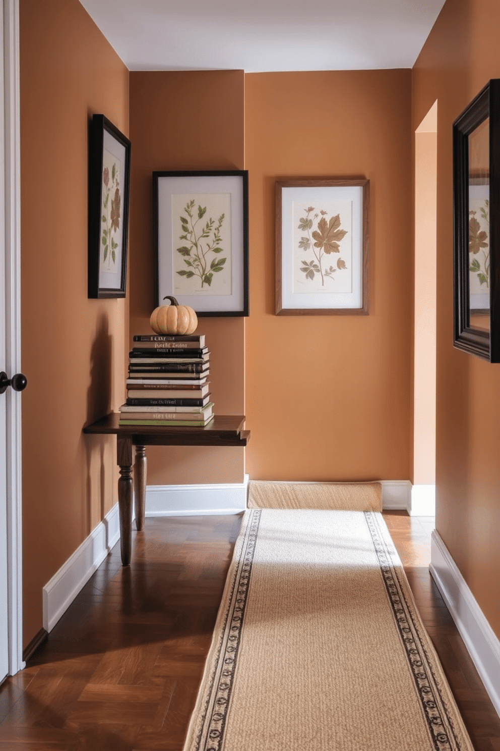 A cozy hallway adorned with vintage books stacked neatly on a rustic wooden console table. The walls are painted in warm autumn hues, and a soft, patterned runner rug adds texture to the floor. Hanging on the walls are framed botanical prints that complement the fall theme. A decorative pumpkin and a small potted plant sit atop the console, enhancing the seasonal decor.