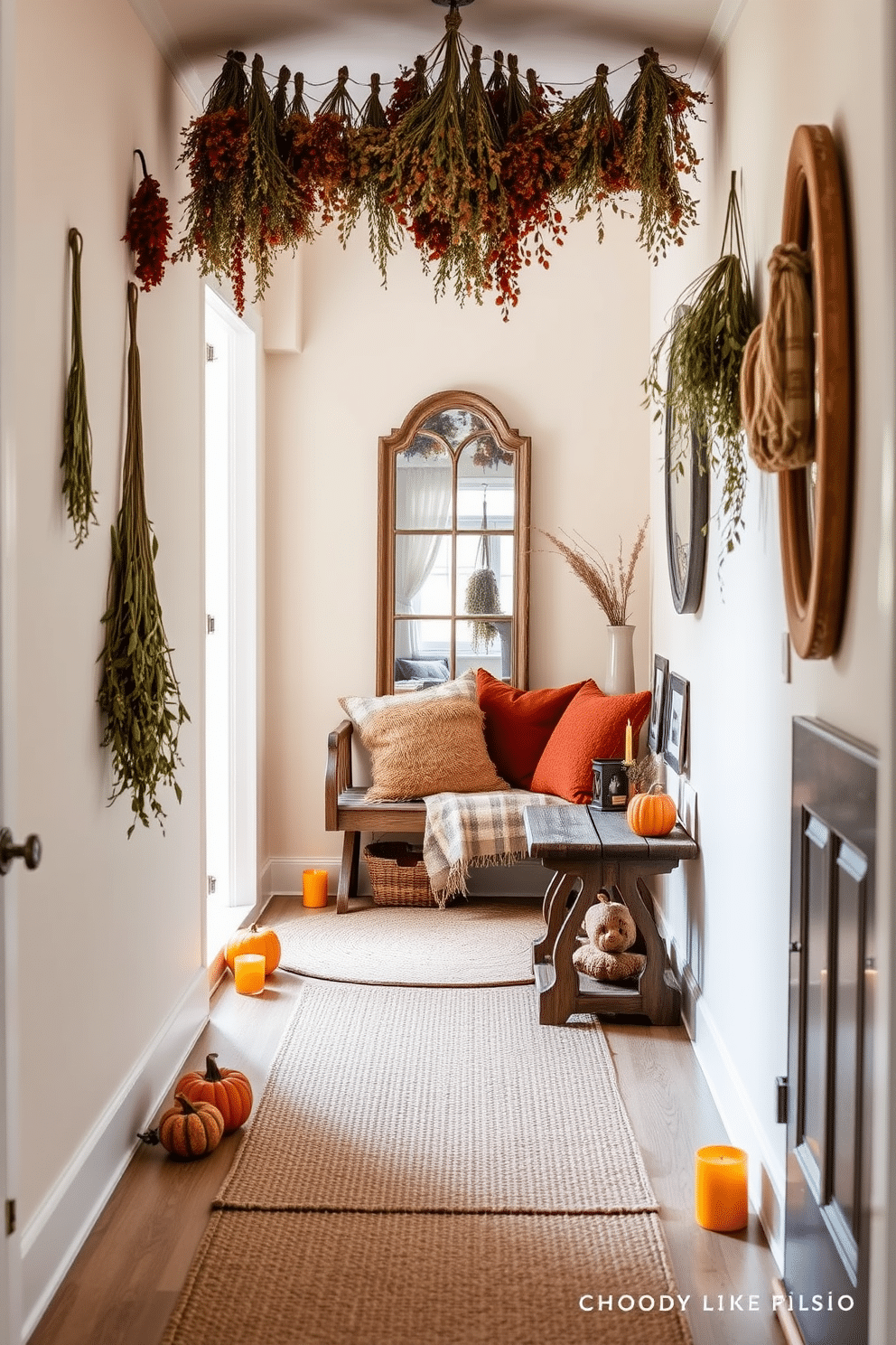 A cozy fall hallway adorned with hanging dried flowers and herbs creates a warm and inviting atmosphere. The walls are painted in a soft cream color, and a rustic wooden bench sits against one side, decorated with plush cushions in autumn hues. On the floor, a woven jute rug adds texture and warmth, while small pumpkins and candles line the hallway edges. A vintage mirror hangs at the end of the hallway, reflecting the natural light and enhancing the seasonal charm.