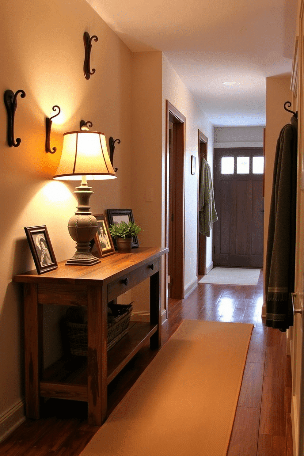 A rustic wooden console table is placed against the wall in a cozy hallway. The table is adorned with a vintage lamp, a collection of framed family photos, and a small potted plant for a touch of greenery. The hallway features warm, earthy tones with a soft runner rug leading to the next room. On the walls, there are rustic hooks for coats and scarves, complementing the inviting atmosphere.