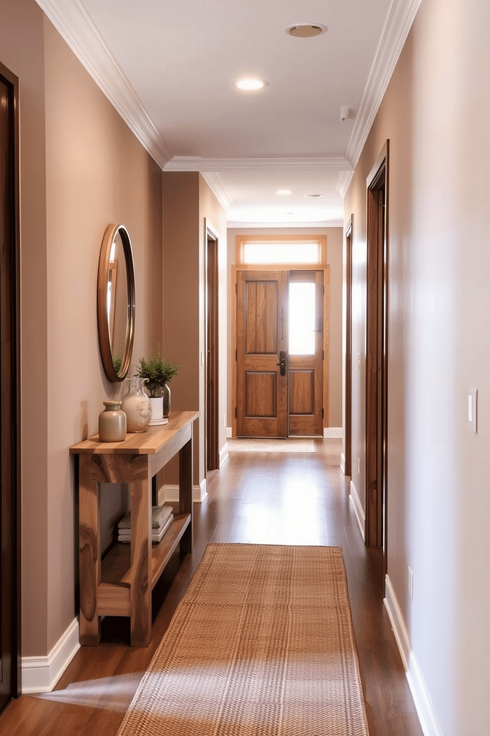 A serene hallway adorned with an earthy color palette. The walls are painted in warm taupe, complemented by natural wood accents and soft lighting. On one side, a console table made of reclaimed wood displays decorative items and a small potted plant. The floor features a rustic runner rug that adds texture and warmth to the space.