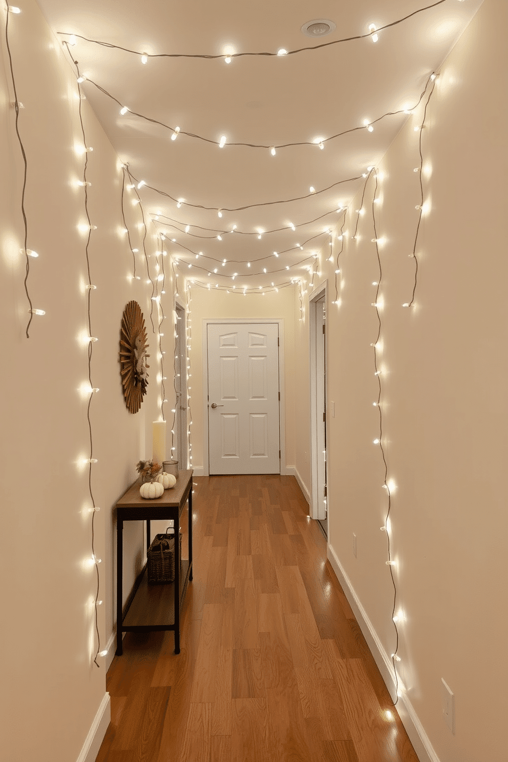 A cozy hallway adorned with string lights that create a warm and inviting glow. The walls are painted in a soft cream color, and the floor is covered with a rich wooden laminate that adds warmth to the space. The string lights are draped along the ceiling, casting a gentle illumination throughout the hallway. On one side, a narrow console table holds a seasonal display of autumn decorations, including mini pumpkins and candles.