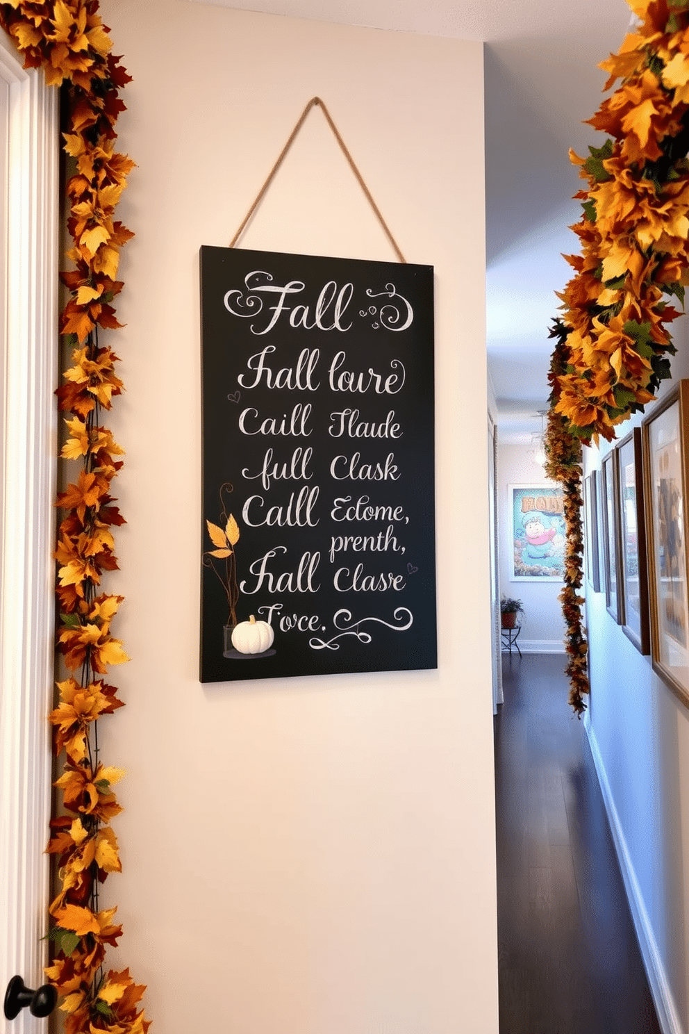 A charming chalkboard sign adorned with elegant fall quotes hangs on the wall. Surrounding the sign are seasonal decorations including small pumpkins and autumn leaves for a cozy touch. The hallway is beautifully decorated with warm-toned garlands and framed autumn-themed artwork. Soft lighting highlights the decor, creating an inviting atmosphere as guests walk through.