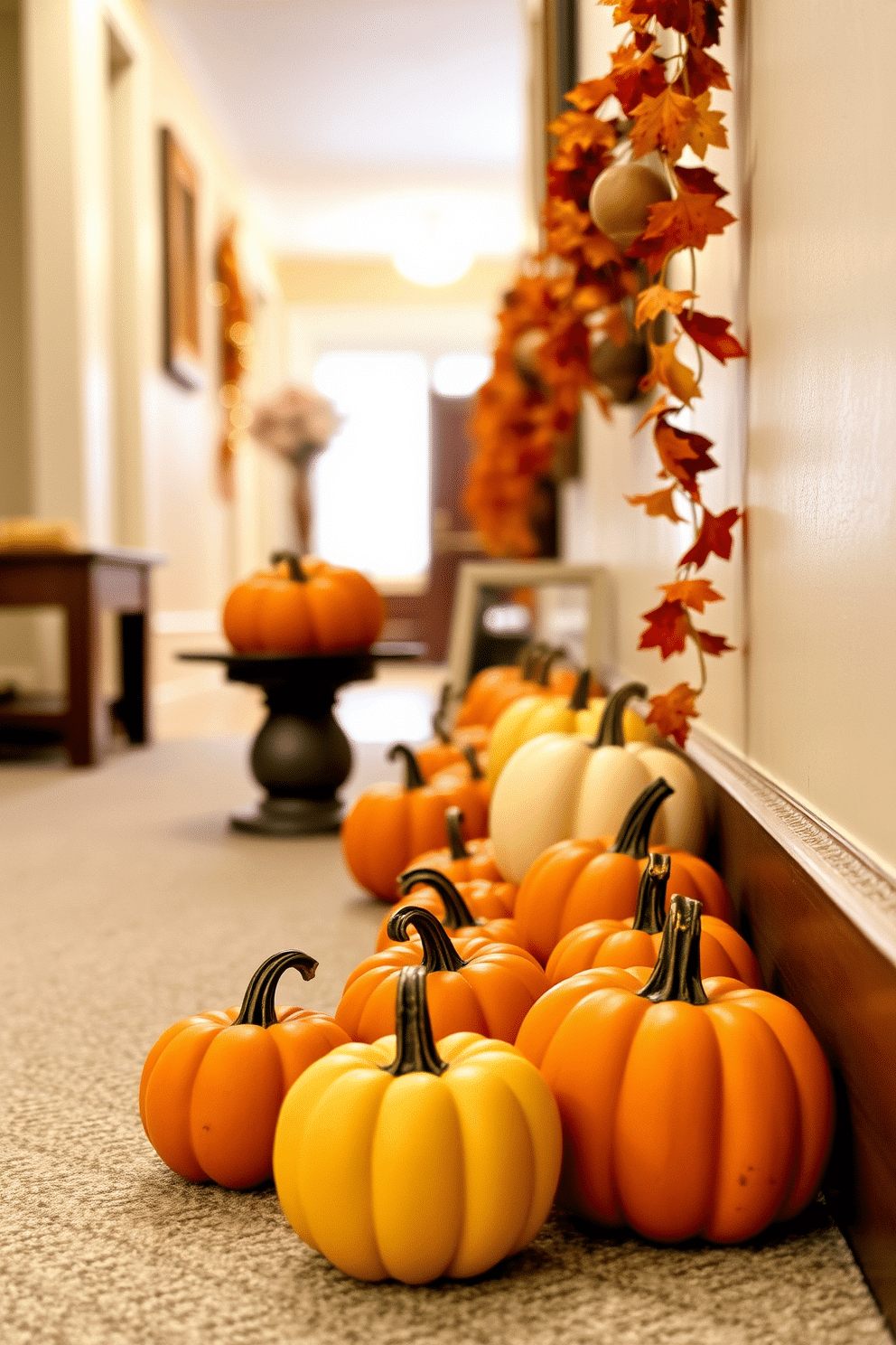 Miniature pumpkins are arranged in a charming line along the hallway, creating a warm and inviting atmosphere. The pumpkins vary in size and color, adding a festive touch to the space. Soft, ambient lighting highlights the pumpkins, enhancing their natural hues. Autumn-themed decor elements, such as garlands of leaves, complement the pumpkins and create a cohesive fall aesthetic.