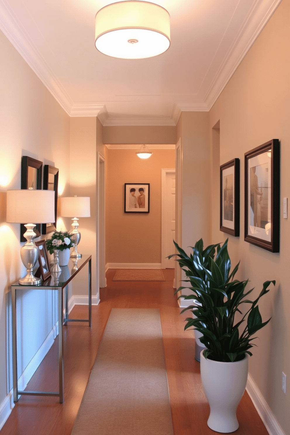 A cozy hallway adorned with soft lighting from stylish table lamps. The walls are painted in a warm beige tone, and a runner rug adds texture to the hardwood floor. On one side, a narrow console table displays decorative items and framed photos. Potted plants in elegant planters bring a touch of greenery to the space, creating a welcoming atmosphere.