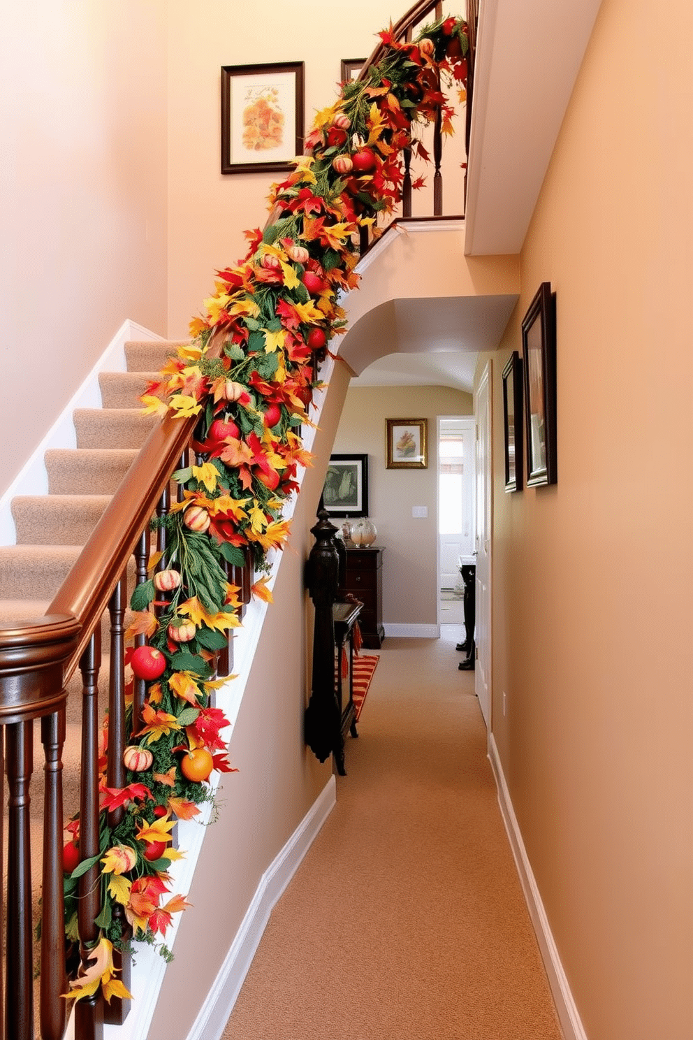 A beautiful staircase adorned with a seasonal garland made of vibrant autumn leaves and small pumpkins. The garland gracefully drapes along the wooden railings, enhancing the warm tones of the hallway. The walls of the hallway are painted in a soft beige, creating a cozy backdrop for the fall decorations. A few framed autumn-themed artworks are hung at eye level, complementing the seasonal decor.