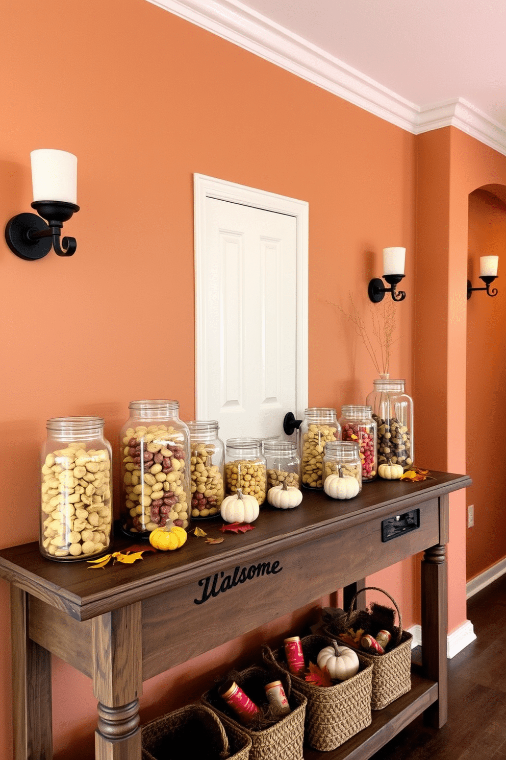 A cozy hallway adorned with glass jars filled with seasonal treats. The jars are arranged on a rustic wooden console table, surrounded by autumn-themed decorations like small pumpkins and colorful leaves. The walls are painted in warm earth tones, creating a welcoming atmosphere. Soft lighting from sconces highlights the decor, enhancing the inviting feel of the space.