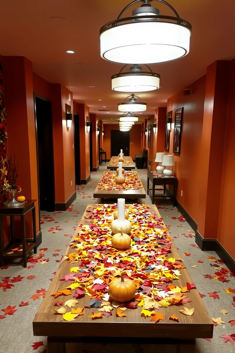 A vibrant hallway adorned with colorful leaves scattered across wooden tables creates a warm and inviting atmosphere. The walls are painted in soft earth tones, complementing the natural hues of the leaves and enhancing the seasonal charm. Decorative elements such as small pumpkins and candles are placed strategically on the tables, adding a cozy touch. Soft lighting from stylish fixtures illuminates the space, highlighting the beauty of the fall decor.