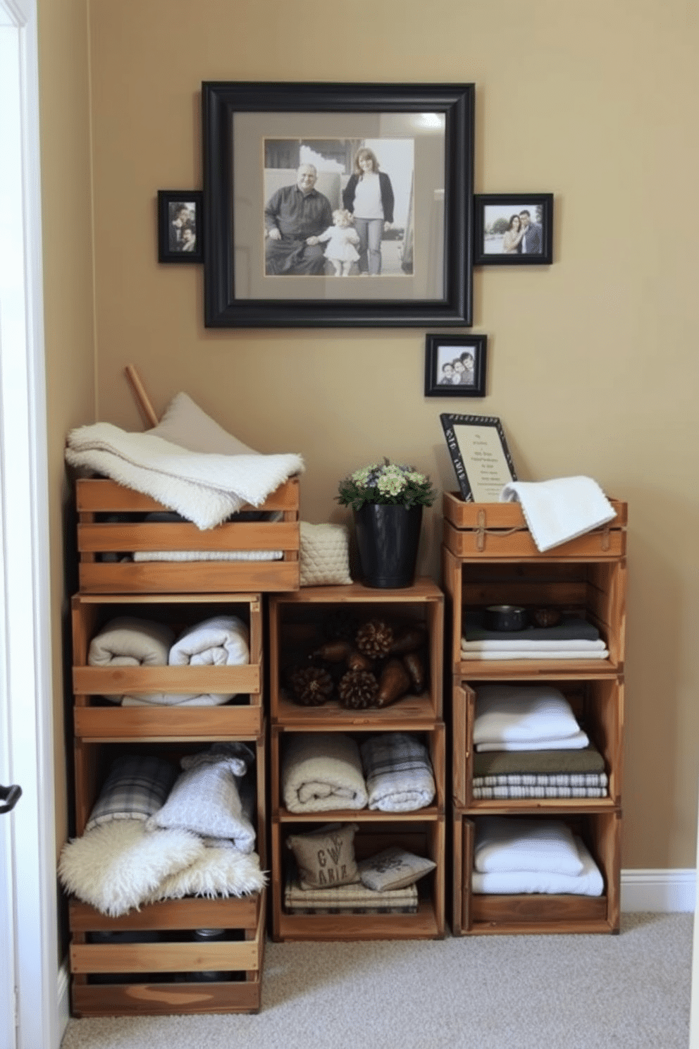 A cozy hallway featuring wooden crates used for decorative storage. The crates are stacked artistically against the wall, filled with soft blankets and seasonal decor. The walls are painted in a warm beige tone, creating a welcoming atmosphere. A series of framed family photos hang above the crates, adding a personal touch to the space.