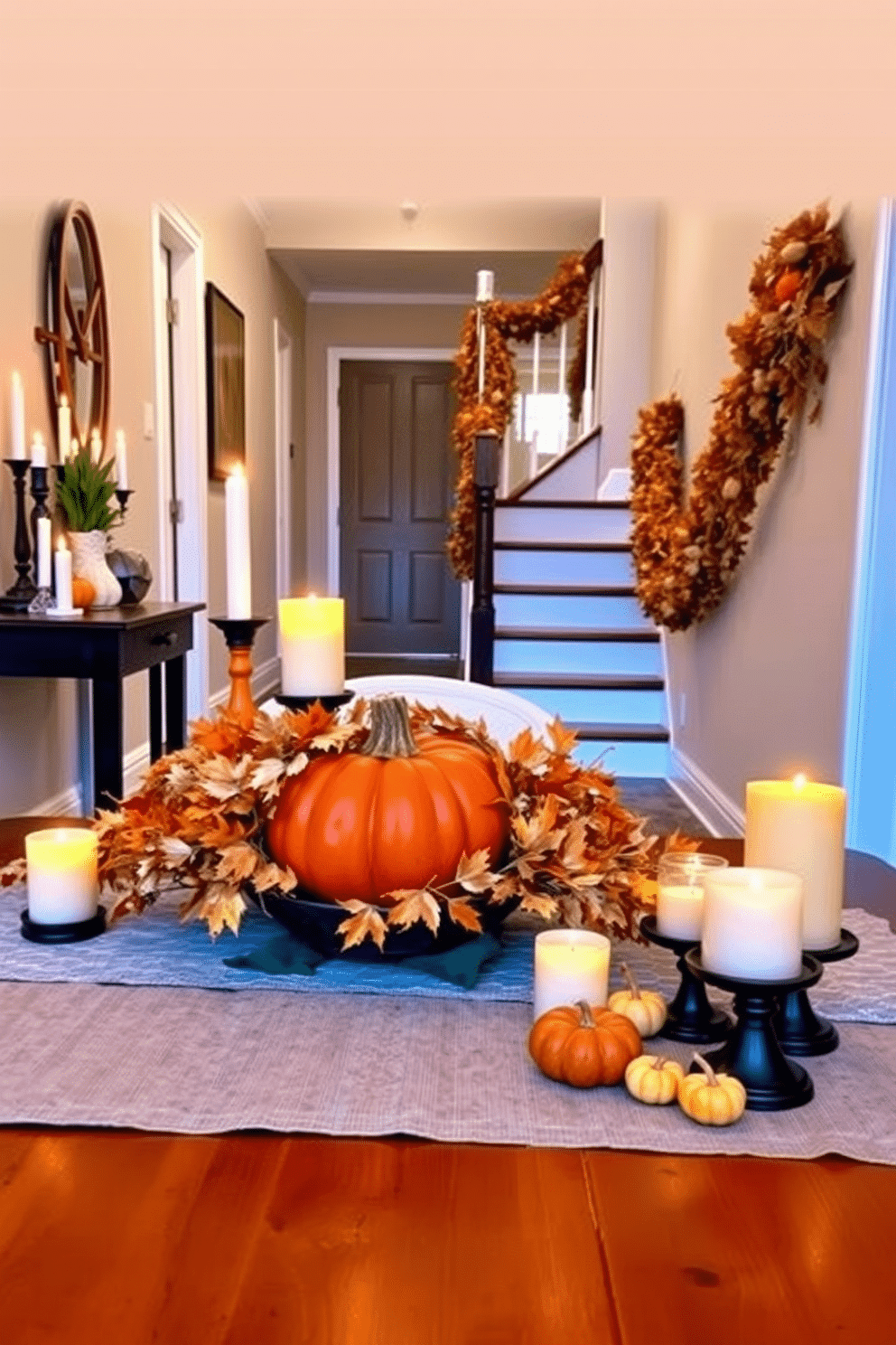 A beautiful pumpkin centerpiece is arranged on a rustic wooden table, surrounded by an assortment of candles in varying heights. The warm glow of the candles illuminates the rich orange hues of the pumpkins, creating a cozy autumn atmosphere. The hallway is adorned with elegant fall decorations, featuring garlands of dried leaves and small pumpkins along the staircase railing. Soft, warm lighting enhances the inviting ambiance, making the space feel welcoming and festive.