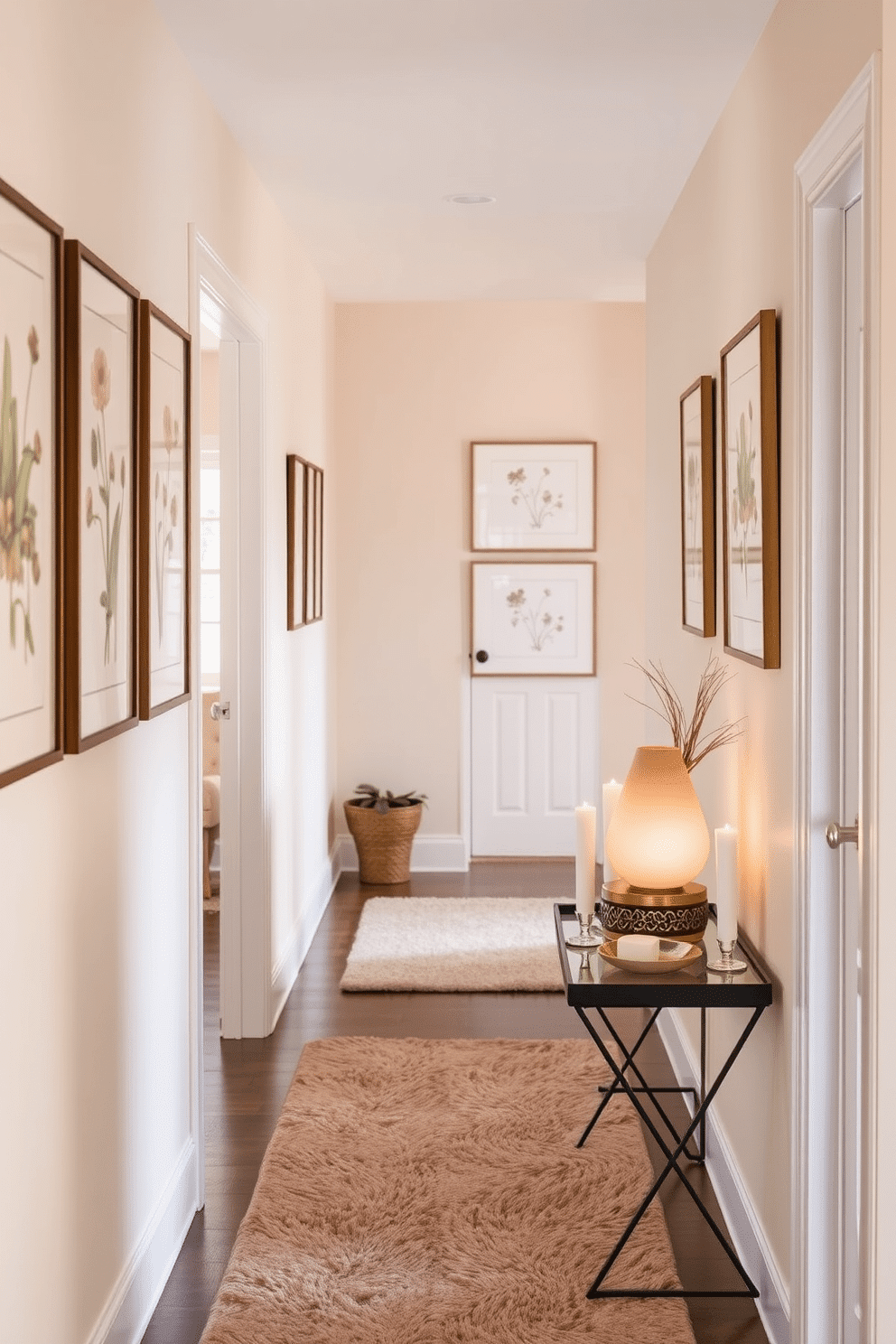 Create a cozy hallway that invites warmth and comfort. The walls are adorned with soft beige paint, and a series of framed botanical prints line the corridor. Place an elegant essential oil diffuser on a small console table, surrounded by candles and a decorative bowl. A plush runner in muted earth tones stretches along the floor, leading to a welcoming entryway.