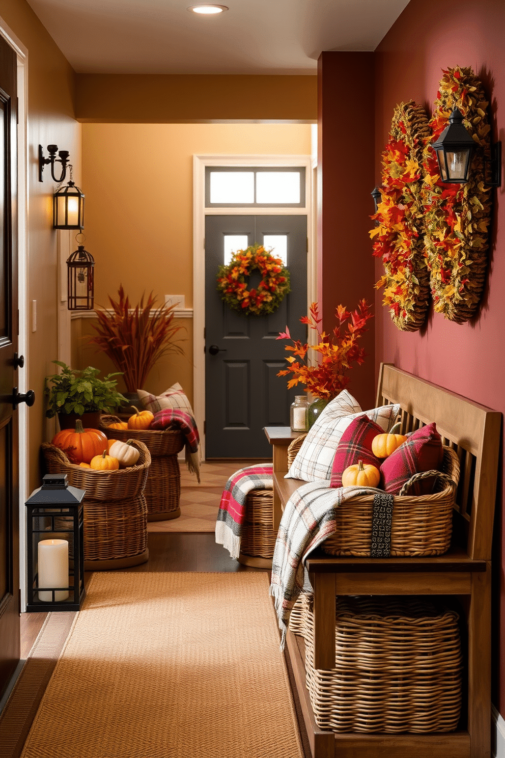 A cozy fall hallway adorned with woven baskets for seasonal storage. The baskets are filled with colorful autumn leaves, mini pumpkins, and soft plaid blankets, creating a warm and inviting atmosphere. The walls are painted in a rich, earthy tone, complemented by a wooden bench adorned with decorative pillows. Soft lighting from a nearby lantern casts a gentle glow, enhancing the seasonal decor and inviting guests to feel at home.