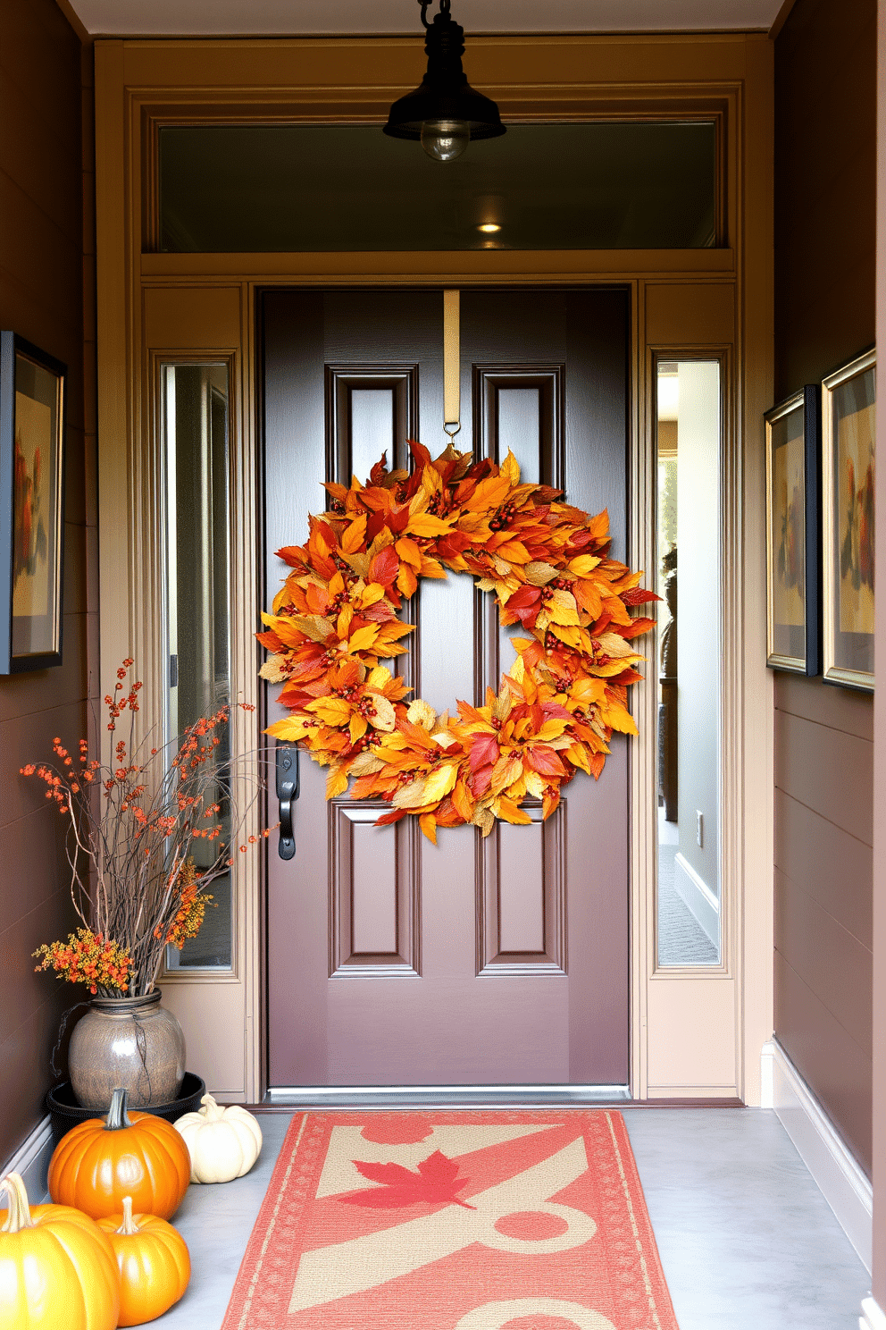 A vibrant autumn wreath made of colorful leaves and berries adorns the front door, welcoming guests with seasonal charm. The door is framed by warm-toned pumpkins and subtle fall decorations, enhancing the festive atmosphere. The hallway is decorated with rich, earthy tones that reflect the essence of autumn. A series of framed autumn-themed artwork lines the walls, complemented by a cozy runner rug in shades of orange and brown.