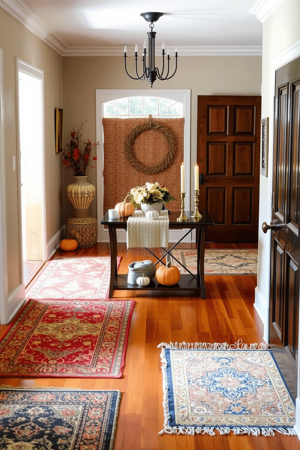 Layered rugs in warm tones create a cozy and inviting atmosphere in the hallway. The rich textures and colors of the rugs complement the warm wood tones of the flooring and the soft lighting from overhead fixtures. Fall hallway decorating ideas include incorporating seasonal elements like pumpkins and autumn leaves. A stylish console table adorned with a decorative runner and candles adds a touch of elegance while welcoming guests.