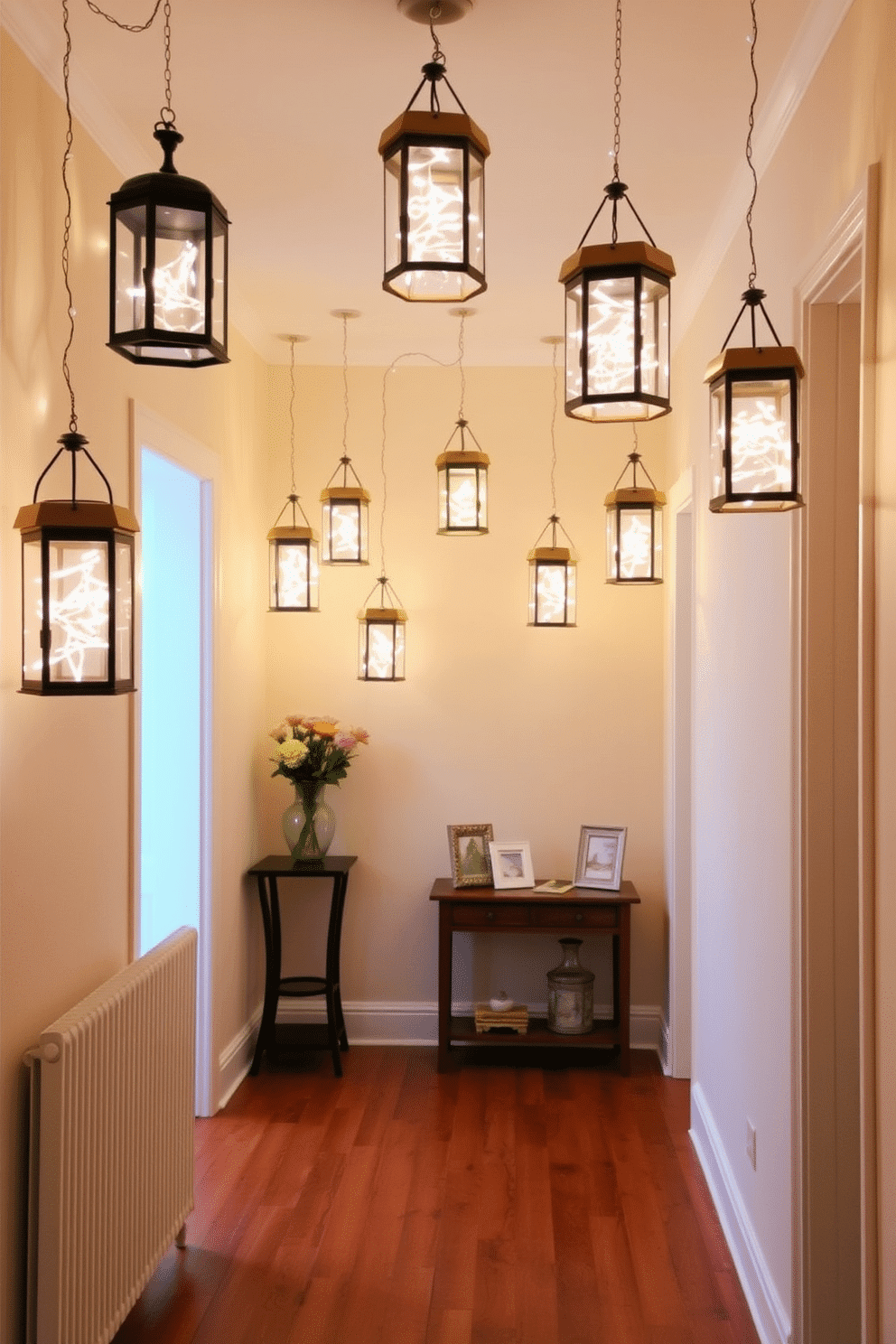 A charming hallway adorned with hanging lanterns filled with fairy lights creates a warm and inviting atmosphere. The walls are painted in a soft cream color, and the floor is covered with a rich hardwood that adds elegance to the space. The lanterns are suspended at varying heights, casting a gentle glow throughout the hall. A small console table is placed against one wall, topped with decorative items and a vase of fresh flowers, enhancing the overall decor.