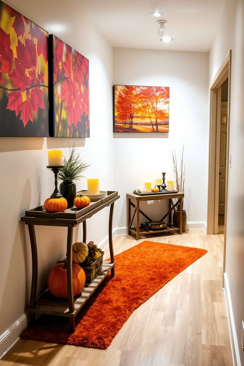 Seasonal artwork adorns the walls of a cozy hallway, featuring vibrant autumn leaves and warm-toned landscapes. Soft lighting highlights the artwork, creating an inviting atmosphere perfect for welcoming guests. The hallway is decorated with a mix of decorative elements, including a rustic console table topped with pumpkins and candles. A plush runner in rich hues of orange and brown adds warmth underfoot, enhancing the seasonal charm.