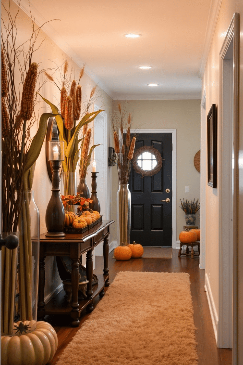 A cozy fall hallway adorned with decorative corn stalks in tall, elegant vases. The warm autumn colors create a welcoming atmosphere, complemented by soft lighting that enhances the seasonal decor. The hallway features a rich wooden console table adorned with seasonal decorations and small pumpkins. A plush runner in earthy tones adds texture and warmth to the space, inviting guests to explore further.