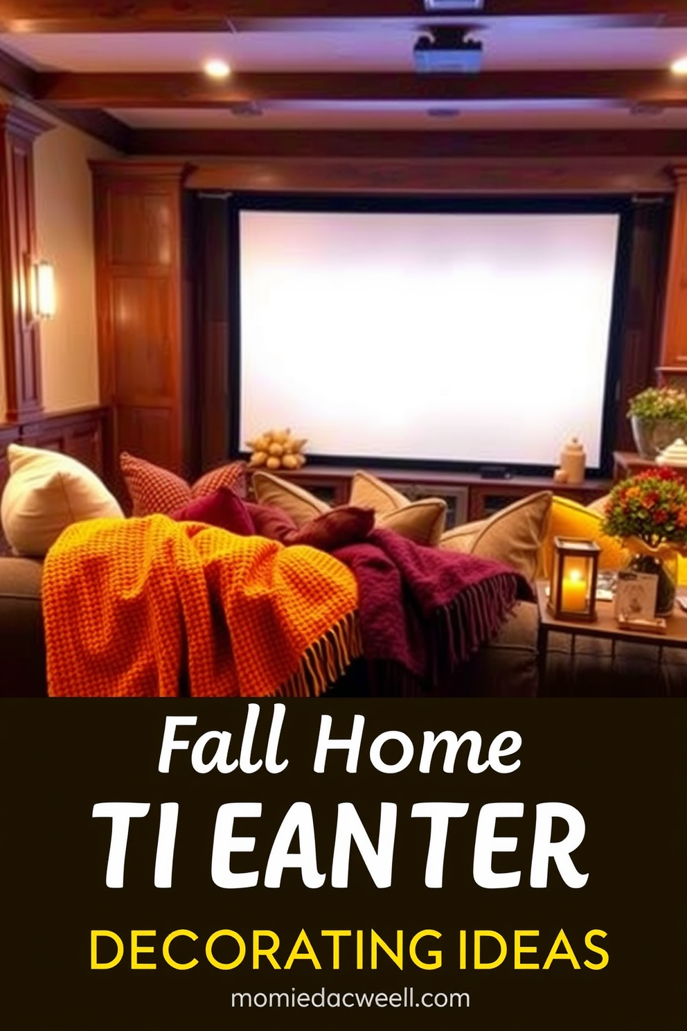 Cozy blankets in autumn colors drape elegantly over a plush sofa adorned with soft cushions. The warm hues of burnt orange, deep burgundy, and golden yellow create an inviting atmosphere perfect for chilly evenings. Fall Home Theater Decorating Ideas feature rich, earthy tones and layered textures for a snug feel. A large screen is framed by warm wood accents, while comfortable seating is complemented by decorative throws and ambient lighting to enhance the cinematic experience.