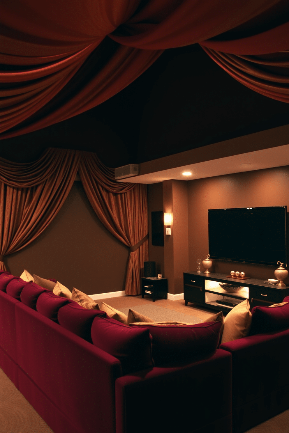 A warm and inviting home theater adorned with autumn-colored curtains that drape elegantly from the ceiling. The space features a plush sectional sofa in deep burgundy, complemented by soft throw pillows in shades of gold and rust. The walls are painted a rich chocolate brown, enhancing the cozy ambiance. A large flat-screen TV is mounted on the wall opposite the seating, with a sleek media console below, showcasing decorative items and warm lighting.