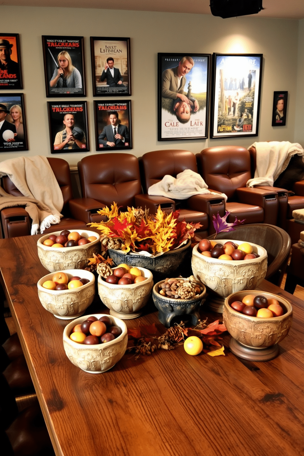 A collection of harvest-themed decorative bowls in various sizes is artfully arranged on a rustic wooden dining table. The bowls are filled with seasonal fruits, nuts, and colorful autumn leaves, creating a warm and inviting centerpiece. A cozy home theater space features plush seating with rich, earthy tones and soft throw blankets. The walls are adorned with framed movie posters, and ambient lighting enhances the cinematic atmosphere, making it perfect for fall movie nights.