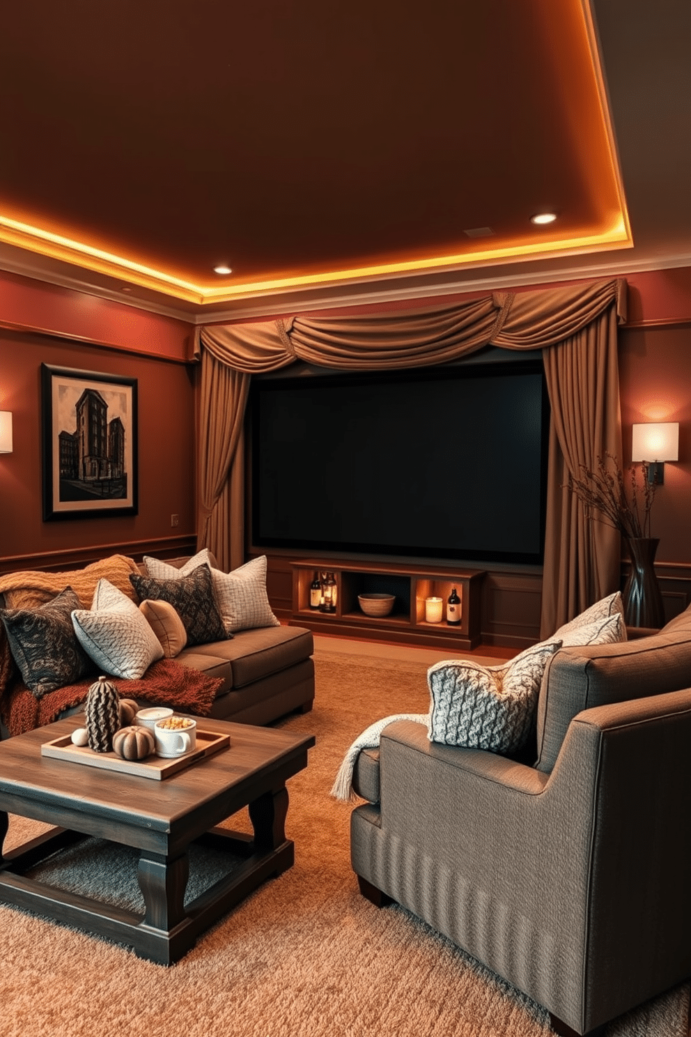 A cozy fall home theater setting. The walls are adorned with rich, warm colors and layered textures, featuring a plush sofa draped with knitted throws in earthy tones. Soft ambient lighting creates an inviting atmosphere, while a large screen is framed by elegant curtains. Decorative cushions add comfort, and a rustic coffee table holds seasonal decor and snacks.