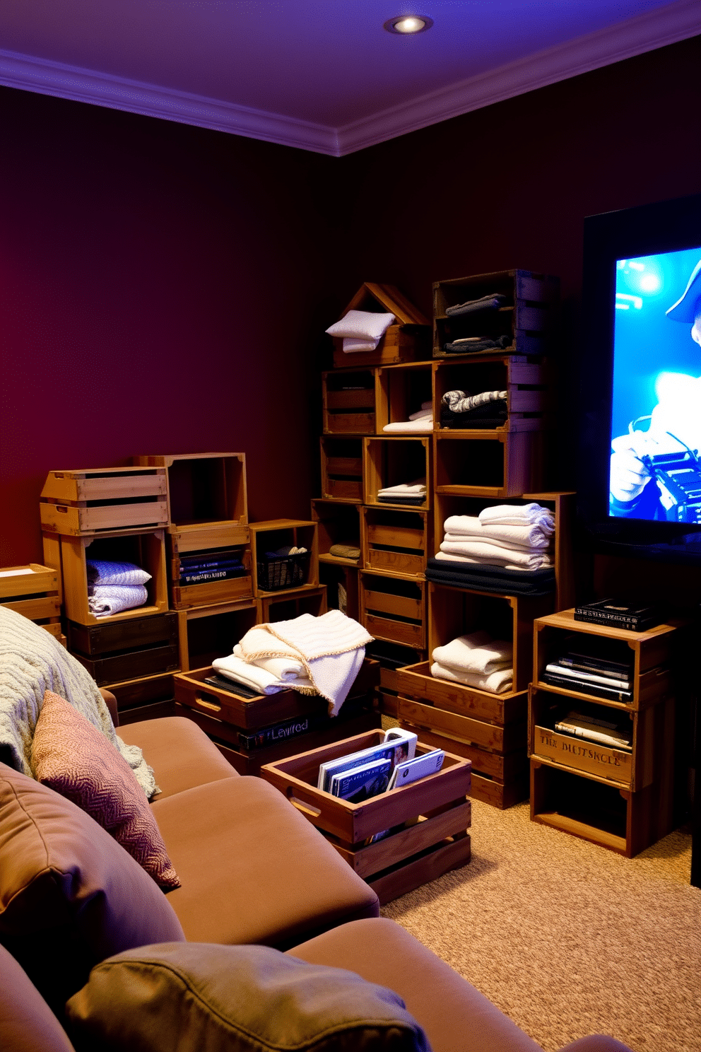 A cozy home theater space featuring wooden crates used as decorative storage. The crates are stacked creatively in the corners, adding a rustic charm to the warm, inviting atmosphere. The walls are painted in deep burgundy, creating a rich backdrop for the plush seating. Soft ambient lighting highlights the crates, which are filled with blankets and magazines for a comfortable movie night experience.