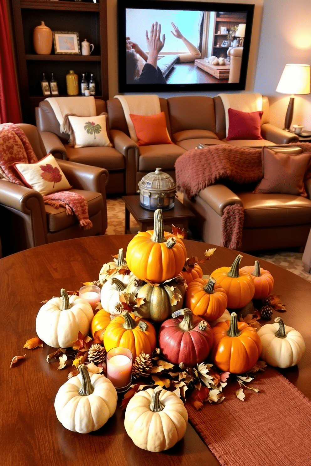 A collection of gourd and pumpkin centerpieces adorns the tables, featuring a mix of colors and sizes for a vibrant autumn display. Each centerpiece is surrounded by small candles and scattered leaves to enhance the seasonal ambiance. The fall home theater is designed with cozy seating and warm lighting to create an inviting atmosphere. Rich, earthy tones dominate the decor, complemented by plush throws and decorative pillows featuring autumn motifs.