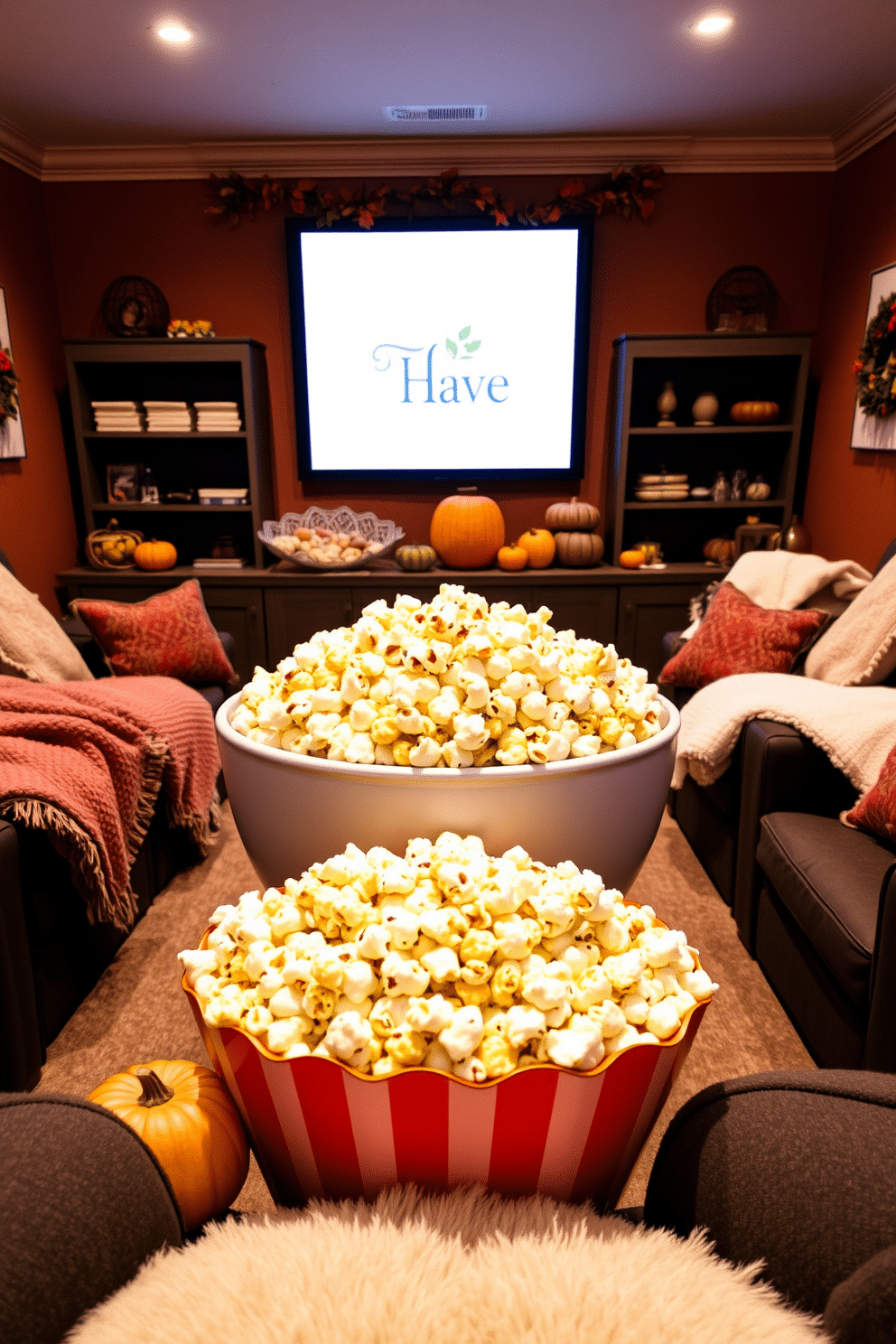 A cozy home theater setting designed for movie nights. The centerpiece is a large popcorn bowl filled with seasonal popcorn, surrounded by plush seating and soft blankets. The walls are adorned with warm autumn colors and decorative elements like pumpkins and leaves. Soft lighting creates an inviting atmosphere, perfect for enjoying films with family and friends.