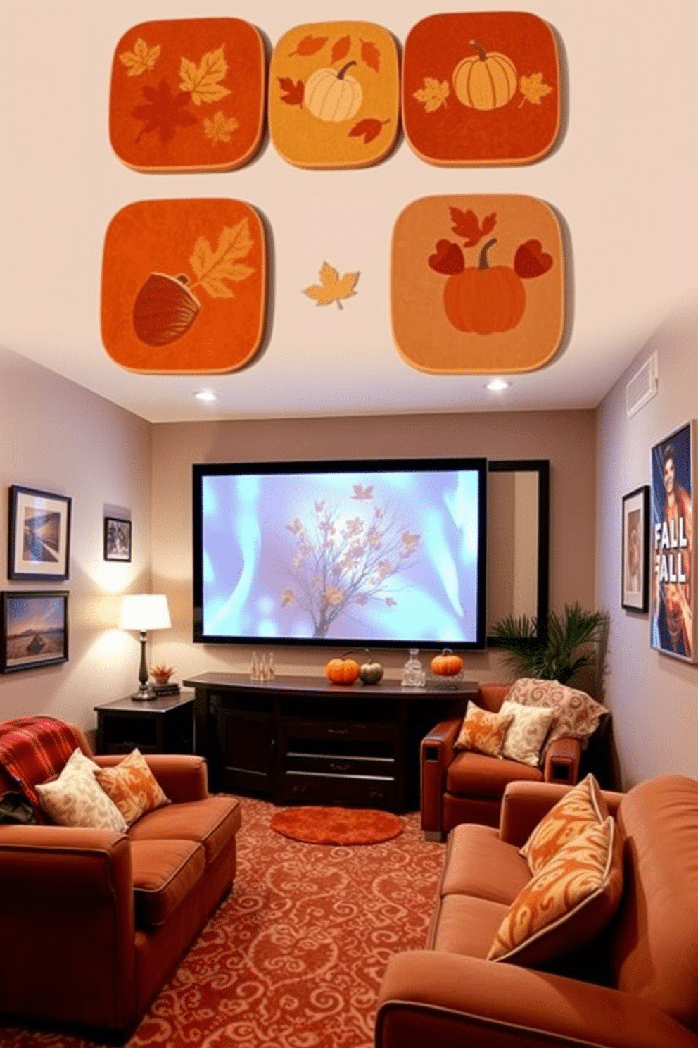 A set of fall-themed coasters featuring warm autumn colors. Each coaster displays a different design with leaves pumpkins and acorns. A cozy home theater decorated for fall with plush seating and warm lighting. The walls are adorned with autumn-themed artwork and the space is accented with seasonal throw blankets and pillows.