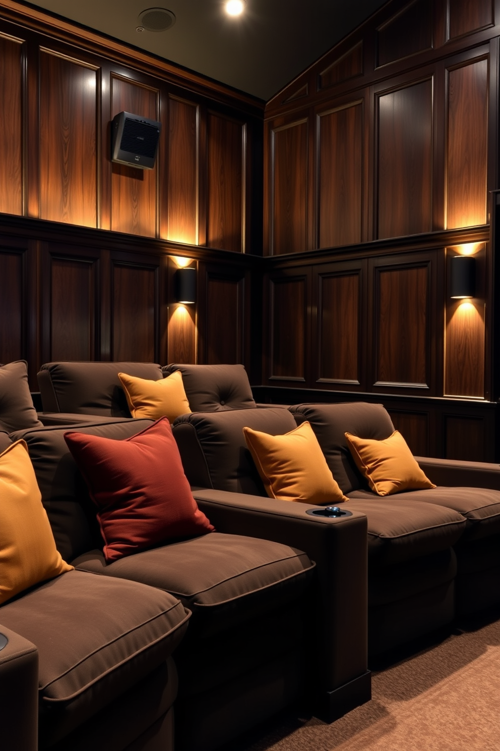 A cozy home theater with comfortable seating featuring oversized cushions in warm autumn colors. The walls are adorned with rich, dark wood paneling and soft ambient lighting creates a welcoming atmosphere.