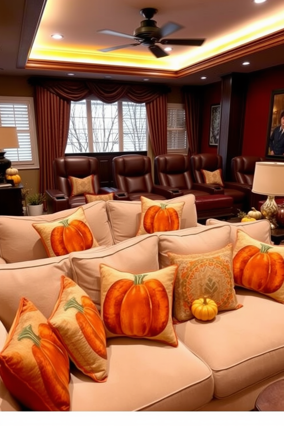 A cozy living room with pumpkin-themed throw pillows scattered on plush sofas. The warm autumn colors create a welcoming atmosphere, complemented by soft lighting and seasonal decor. A stylish home theater designed for fall, featuring rich burgundy and gold accents. Plush seating is arranged for comfort, while decorative elements like mini pumpkins and autumn-themed artwork enhance the seasonal vibe.