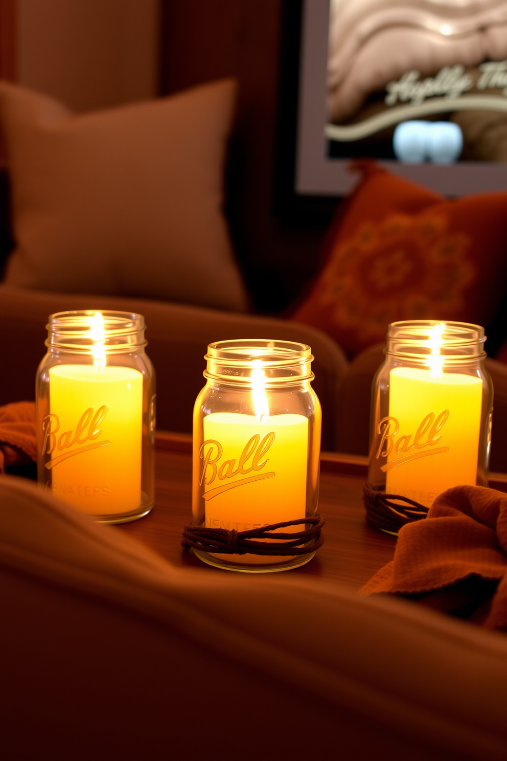 Candles in mason jars create a warm and inviting atmosphere, adding rustic charm to any space. The soft glow of the candles enhances the natural textures of wood and fabric, making the room feel cozy and welcoming. For a fall home theater, incorporate rich autumn colors like deep oranges and browns to create a seasonal ambiance. Plush seating with warm blankets and decorative pillows will invite comfort while enjoying your favorite movies.