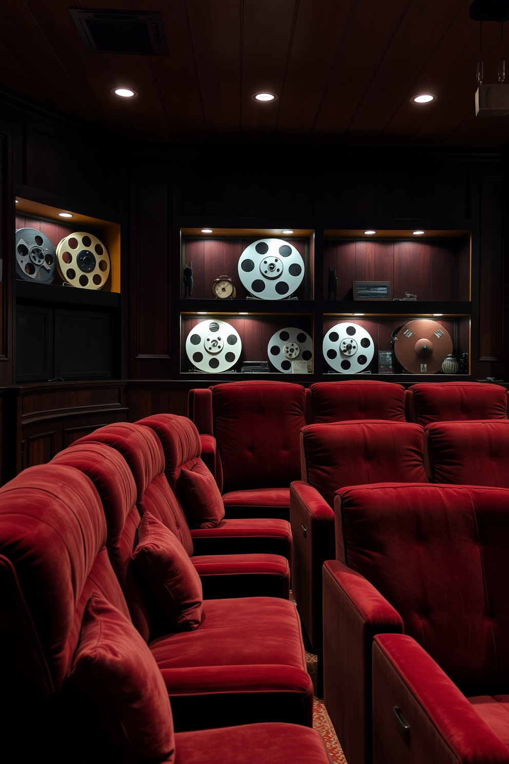 A cozy home theater featuring vintage film reels as decorative accents. The walls are adorned with dark wood paneling, and plush velvet seating is arranged in a tiered layout for an optimal viewing experience. Soft ambient lighting highlights the film reels displayed on shelves, creating a nostalgic atmosphere. A warm color palette of deep reds and golds enhances the inviting feel of the space, making it perfect for autumn movie nights.