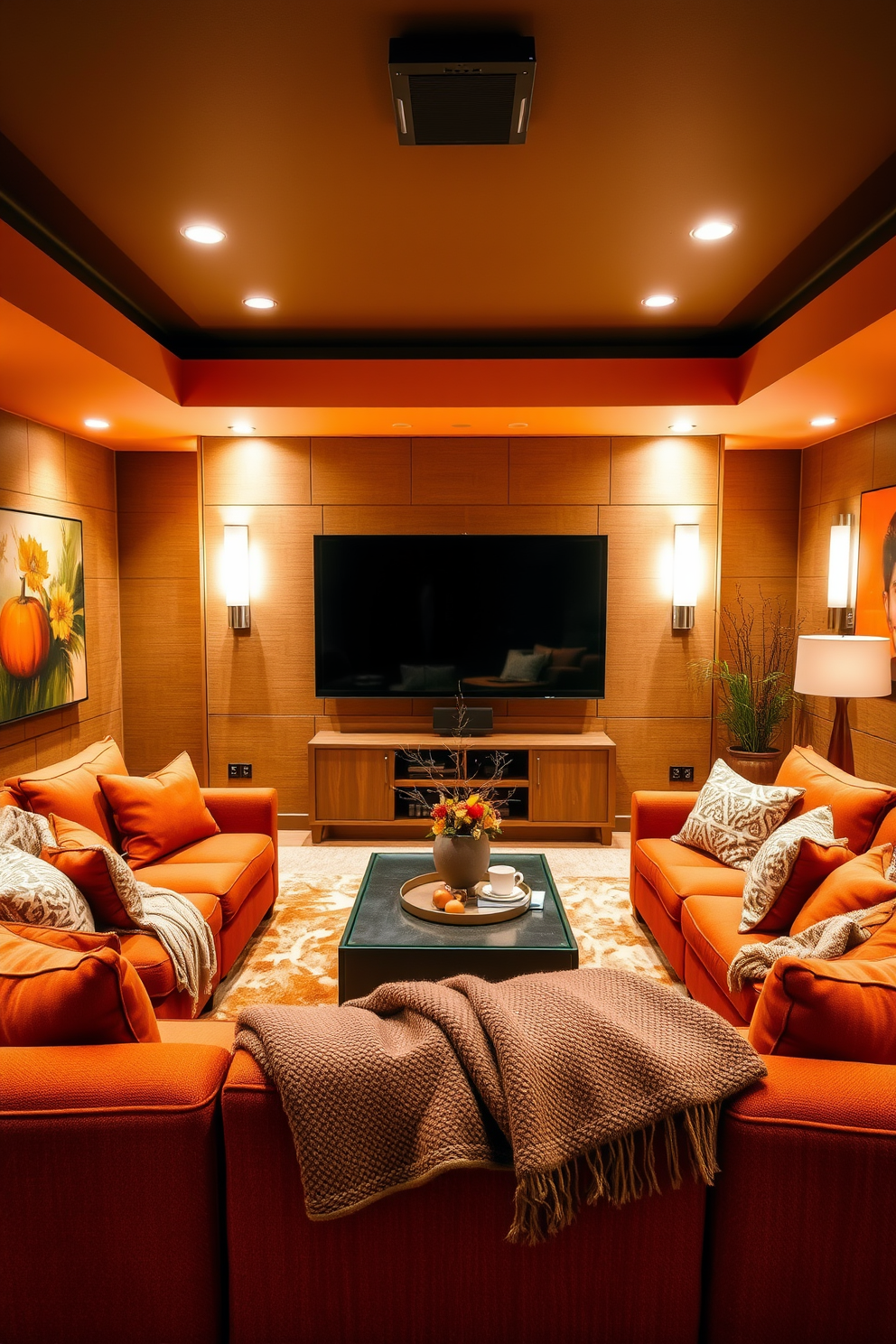 A cozy home theater featuring a warm color palette with rich oranges and earthy browns. Plush seating is arranged in a semi-circle facing a large screen, with soft ambient lighting creating an inviting atmosphere. The walls are adorned with textured panels in warm hues, and decorative accents include autumn-themed artwork. A stylish coffee table sits in the center, surrounded by soft throw blankets and seasonal decor.