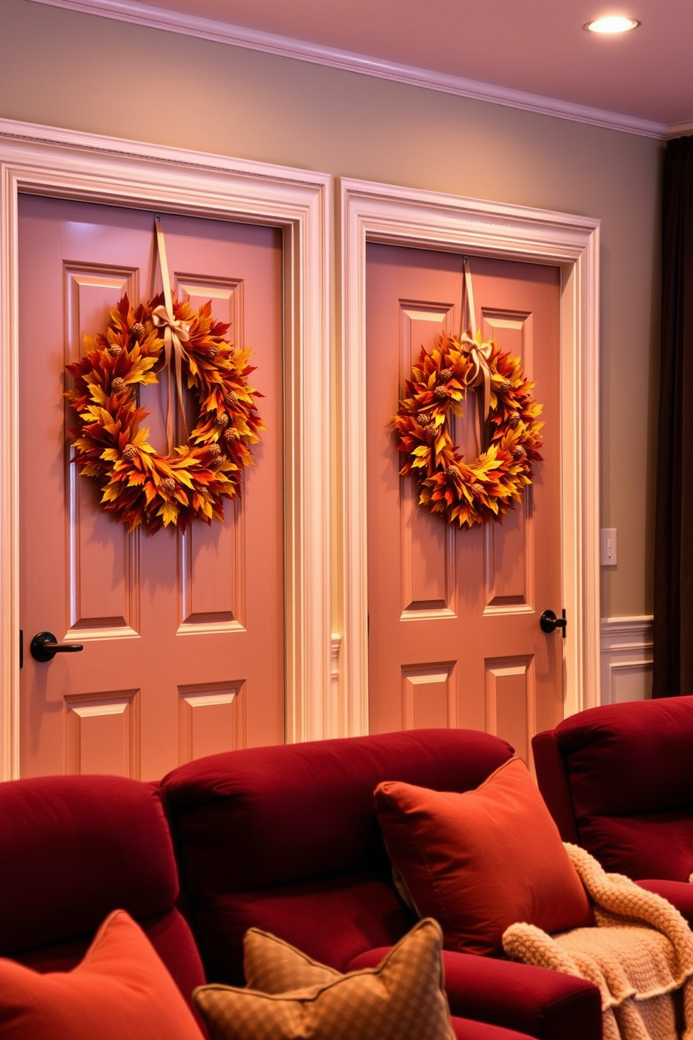 Hanging autumn wreaths on doors. The wreaths are made of vibrant orange and yellow leaves, intertwined with small pinecones and delicate ribbons, creating a warm and inviting entrance. Fall Home Theater Decorating Ideas. The theater features plush seating in deep burgundy, with soft throw blankets draped over the arms, and warm ambient lighting that enhances the cozy atmosphere.