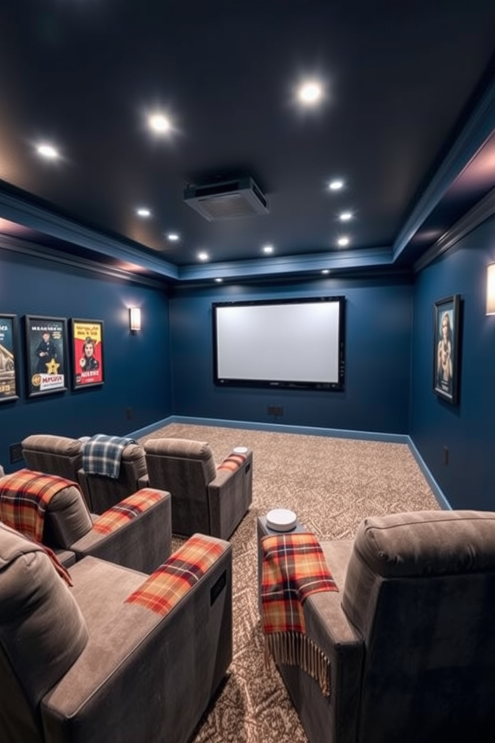 A cozy home theater with plush seating arranged in a semi-circle. The walls are painted in a deep navy blue, and the ceiling features soft, recessed lighting for an inviting atmosphere. Throw blankets in plaid patterns are draped over the armrests of the chairs. A large screen is mounted on the wall, surrounded by framed movie posters for a touch of personality.