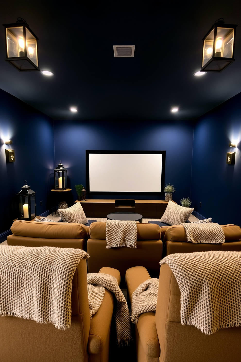 A cozy home theater featuring plush seating arranged in a semi-circle around a large screen. Decorative lanterns are strategically placed around the room, casting a warm and inviting glow. The walls are painted in deep navy blue, creating a cinematic atmosphere. Soft, textured throw blankets are draped over the seats, enhancing comfort and style.