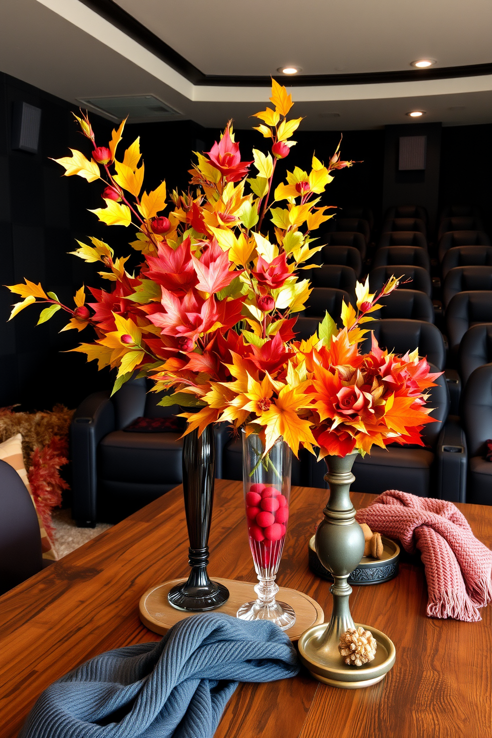 A collection of vibrant fall foliage arrangements in elegant vases. The vases are placed on a rustic wooden table, surrounded by cozy blankets and seasonal decor. A luxurious home theater designed for comfort and style. Plush seating is arranged in tiers, with rich dark colors and soft lighting creating an inviting atmosphere.