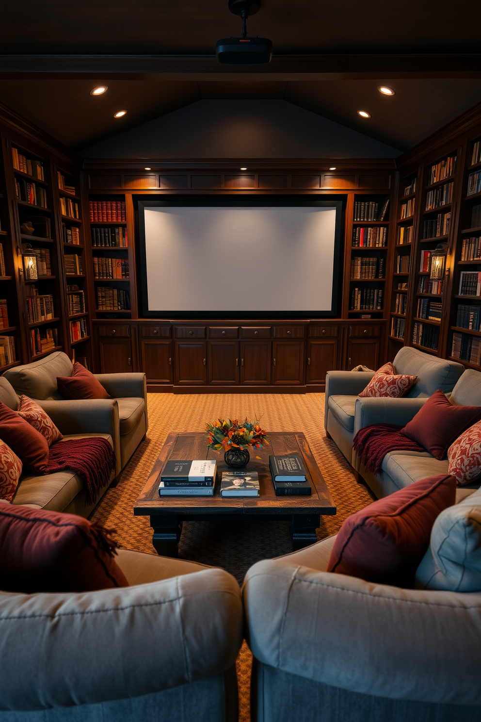 A warm and inviting home theater featuring plush seating arranged in a semi-circle around a large screen. The walls are lined with dark wood bookshelves filled with old books, creating a cozy atmosphere enhanced by soft, ambient lighting. Decorative throw blankets and cushions in rich autumn colors are scattered across the seating. A rustic coffee table in the center holds a selection of classic novels and a few seasonal decorations, inviting guests to relax and enjoy the space.