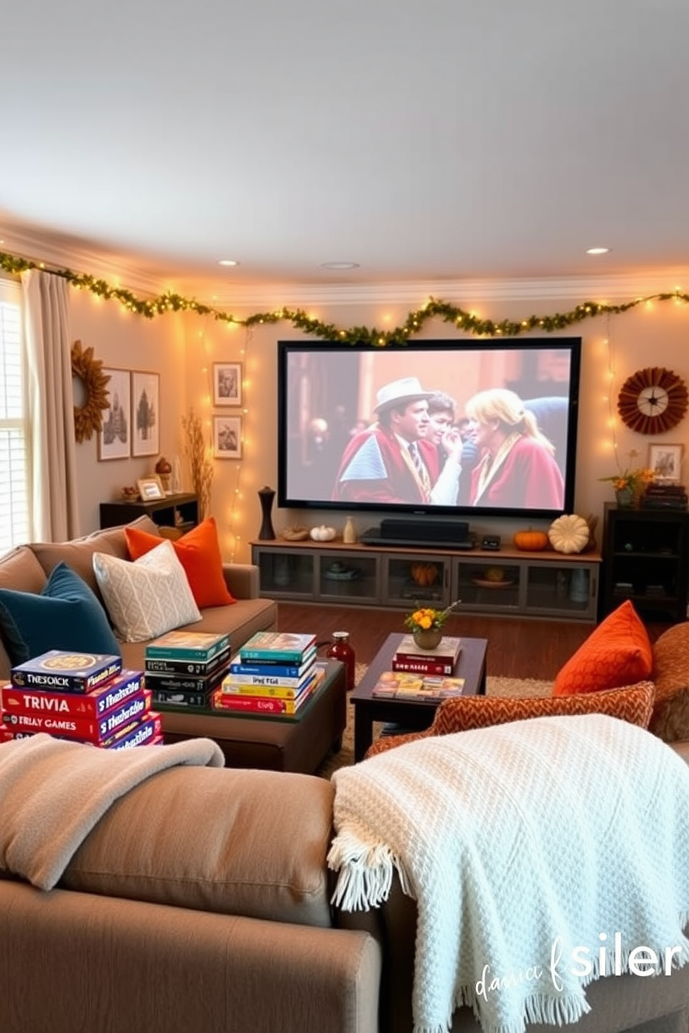 A cozy family room designed for seasonal trivia games. The space features a large sectional sofa adorned with colorful throw pillows and a coffee table stacked with trivia game boxes. For fall home theater decorating ideas, the room is illuminated with warm string lights and decorated with autumn-themed accents. Plush blankets are draped over the seating, and a large screen displays a classic fall movie for a perfect movie night ambiance.