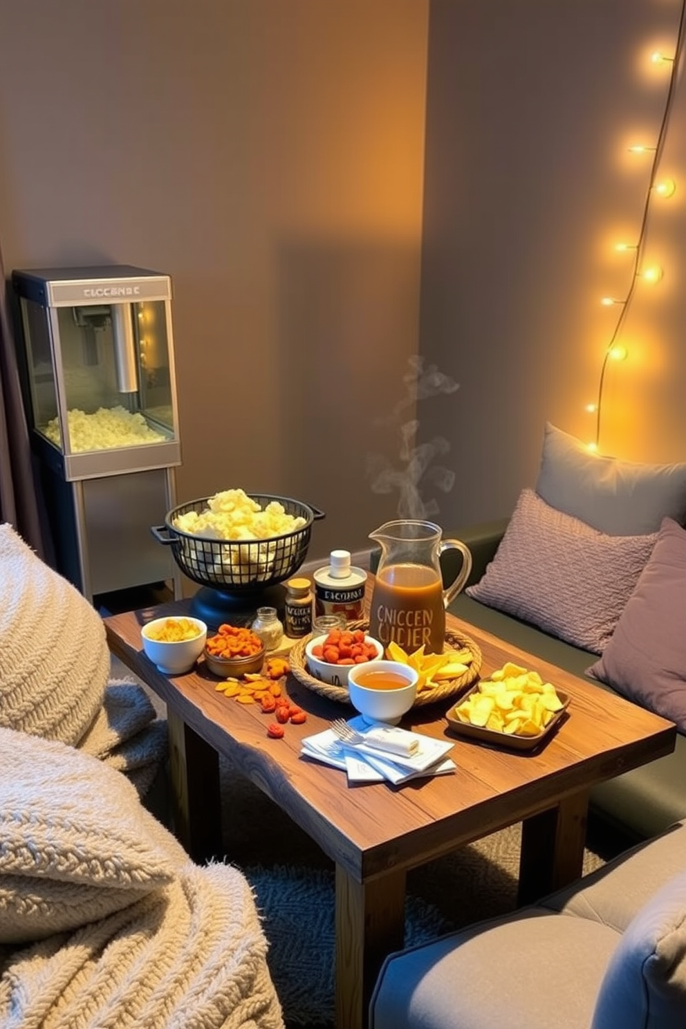 A cozy cider and snack station for movie nights. The setup includes a rustic wooden table adorned with a variety of snacks and a steaming pot of spiced cider in a decorative pitcher. Soft ambient lighting creates a warm atmosphere, while plush blankets and cushions are arranged nearby for comfort. A stylish popcorn machine stands on one side, adding a playful touch to the inviting space.