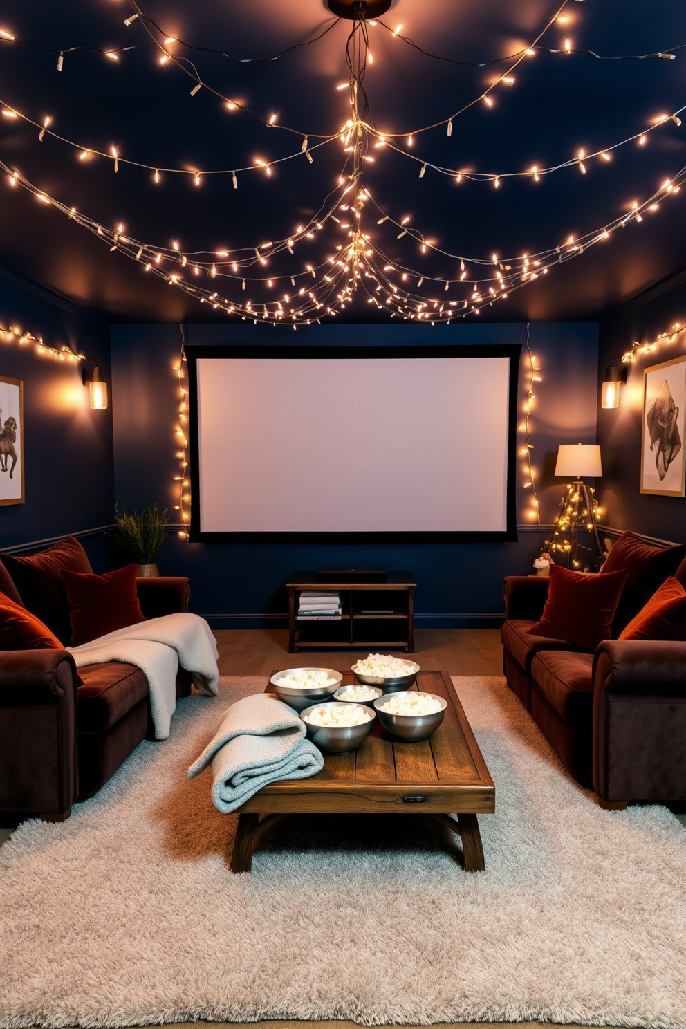 Create a cozy home theater setting that features warm lighting enhanced by string fairy lights draped across the ceiling. The walls are painted in a deep navy blue, and plush seating is arranged in a semi-circle around a large screen. In the center, a rustic coffee table holds a selection of soft blankets and popcorn bowls. The floor is covered with a soft area rug, and decorative wall art adds a personal touch to the inviting atmosphere.