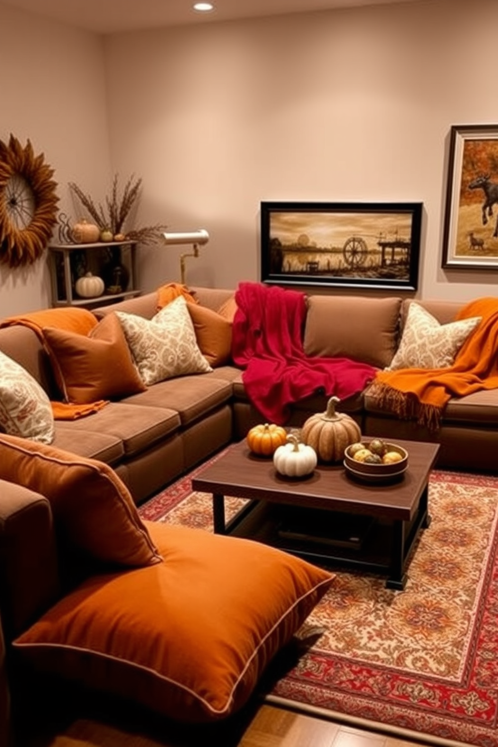 Layered seating with floor cushions creates a cozy and inviting atmosphere. Plush floor cushions in various sizes and textures are arranged around a low coffee table, complemented by a stylish area rug. Fall home theater decorating ideas incorporate warm tones and seasonal accents. Rich orange and deep red throw blankets drape over plush seating, while decorative pumpkins and autumn-themed artwork enhance the inviting ambiance.