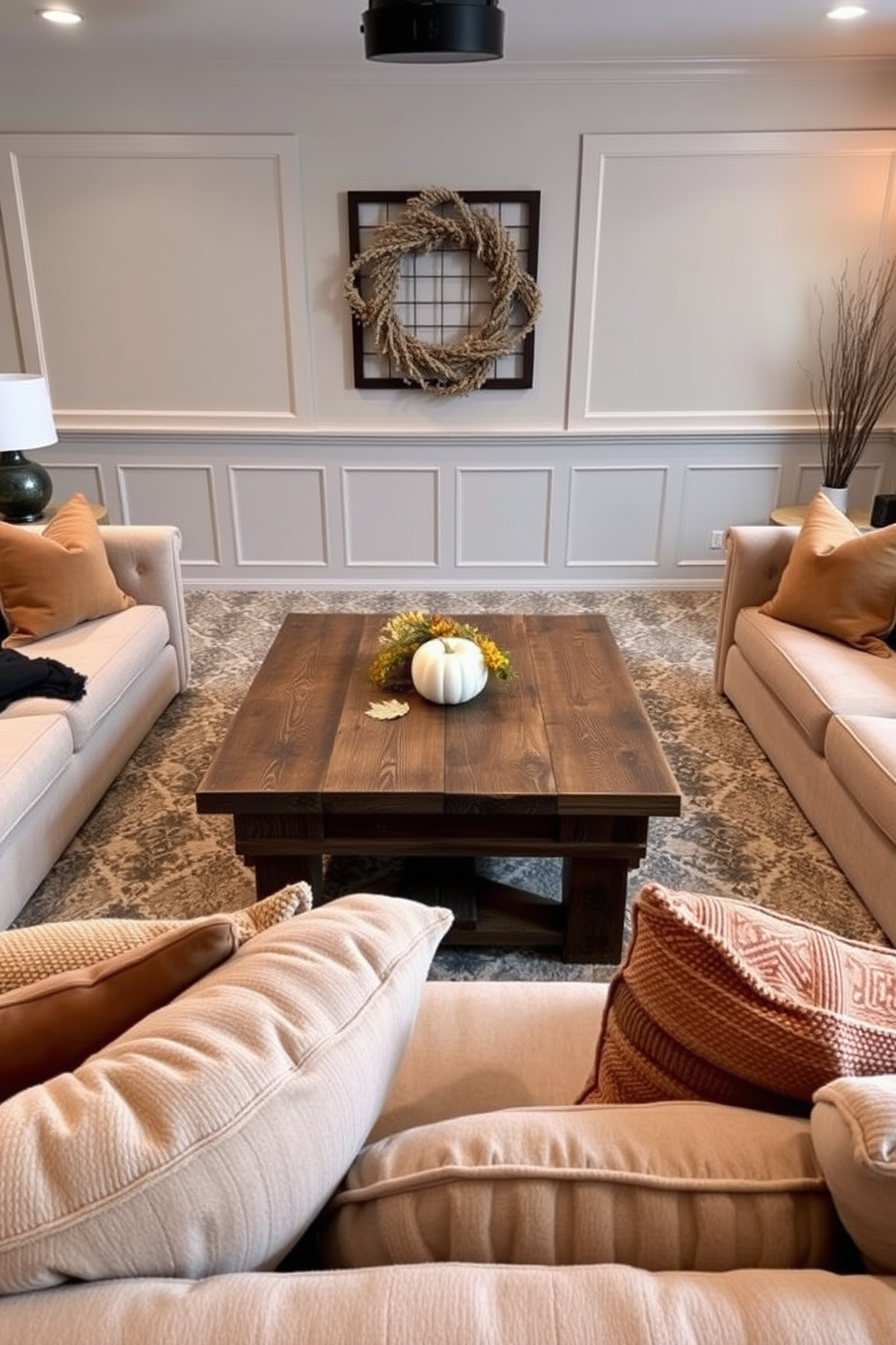 A cozy fall home theater setting with a rustic wooden coffee table as the centerpiece. Surrounding the table are plush, oversized sofas adorned with warm, earthy-toned cushions, creating an inviting atmosphere for movie nights.