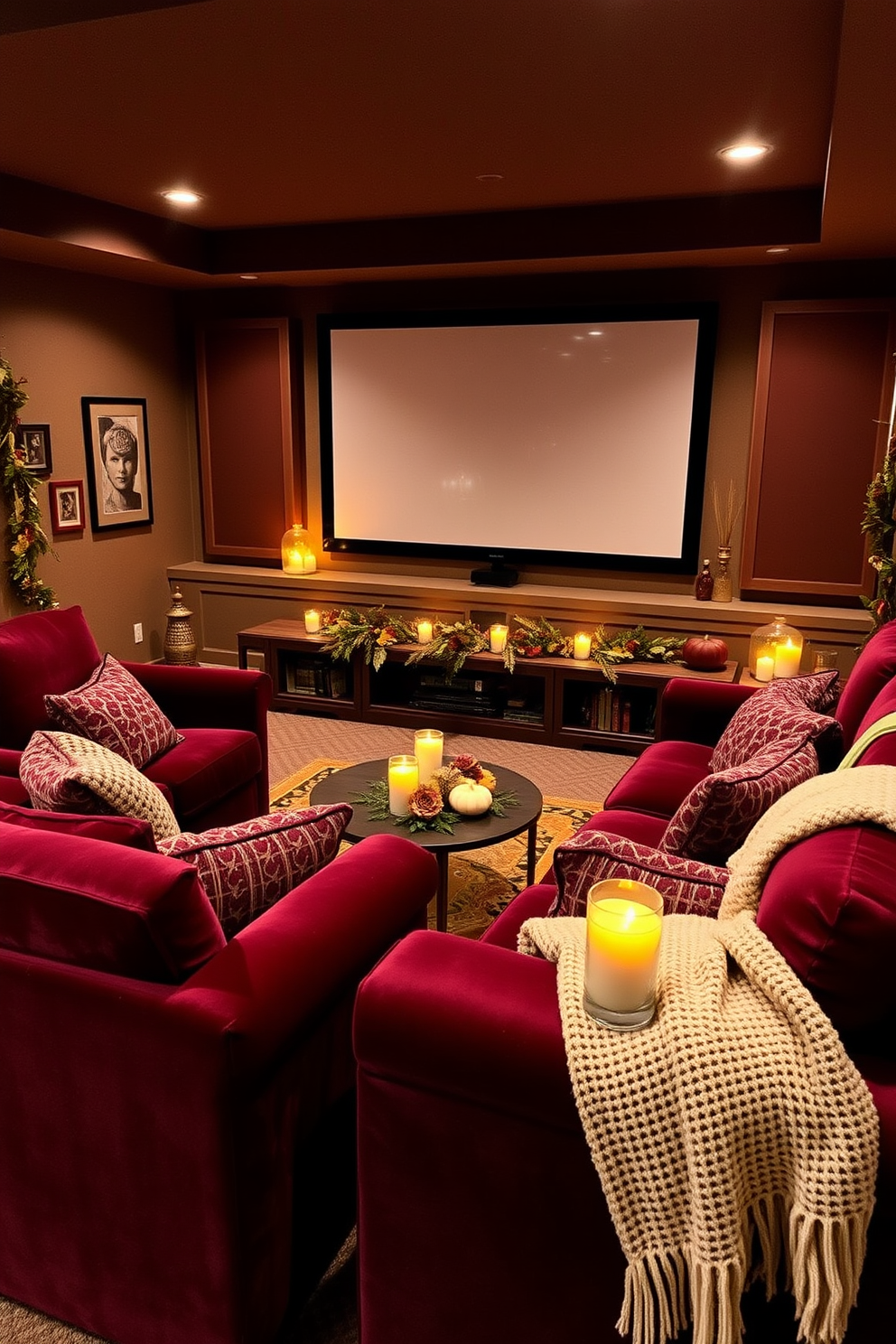 A cozy home theater setting designed for fall. Plush seating in rich burgundy surrounds a large screen, with seasonal scented candles flickering softly on side tables. Warm throw blankets are draped over the couches, inviting relaxation. Autumn-themed decor, such as pumpkins and garlands, adds a festive touch to the space.