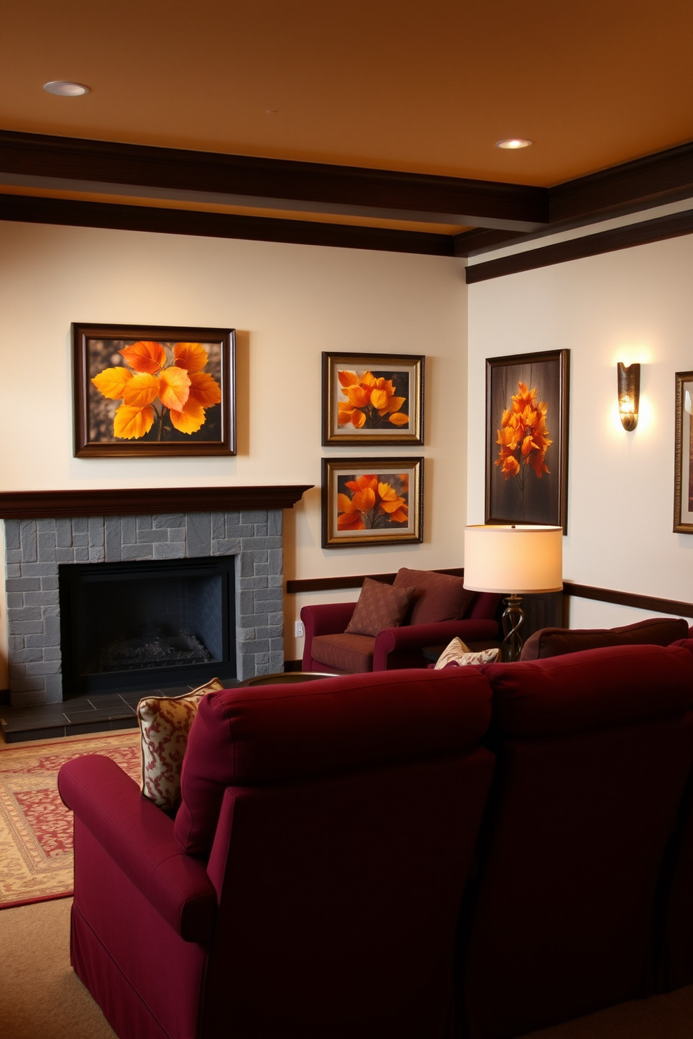 A cozy living room adorned with fall-themed wall art featuring vibrant orange and yellow leaves. The prints are framed in rustic wooden frames, creating a warm and inviting atmosphere. An elegant home theater designed for autumn evenings with plush seating in rich burgundy fabric. The walls are decorated with soft amber lighting and fall-inspired artwork, enhancing the seasonal ambiance.