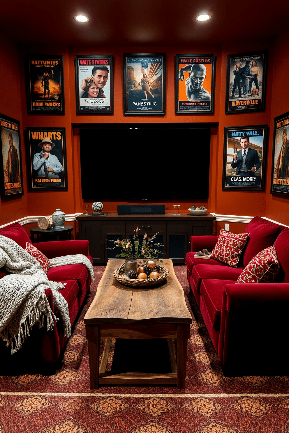 A cozy home theater adorned with vintage movie posters in rich autumn hues. The walls are painted in a warm terracotta, and plush burgundy seating invites relaxation in front of a large screen. Soft ambient lighting highlights the framed posters, creating a nostalgic atmosphere. A rustic wooden coffee table sits in the center, surrounded by knitted throws and seasonal decor.