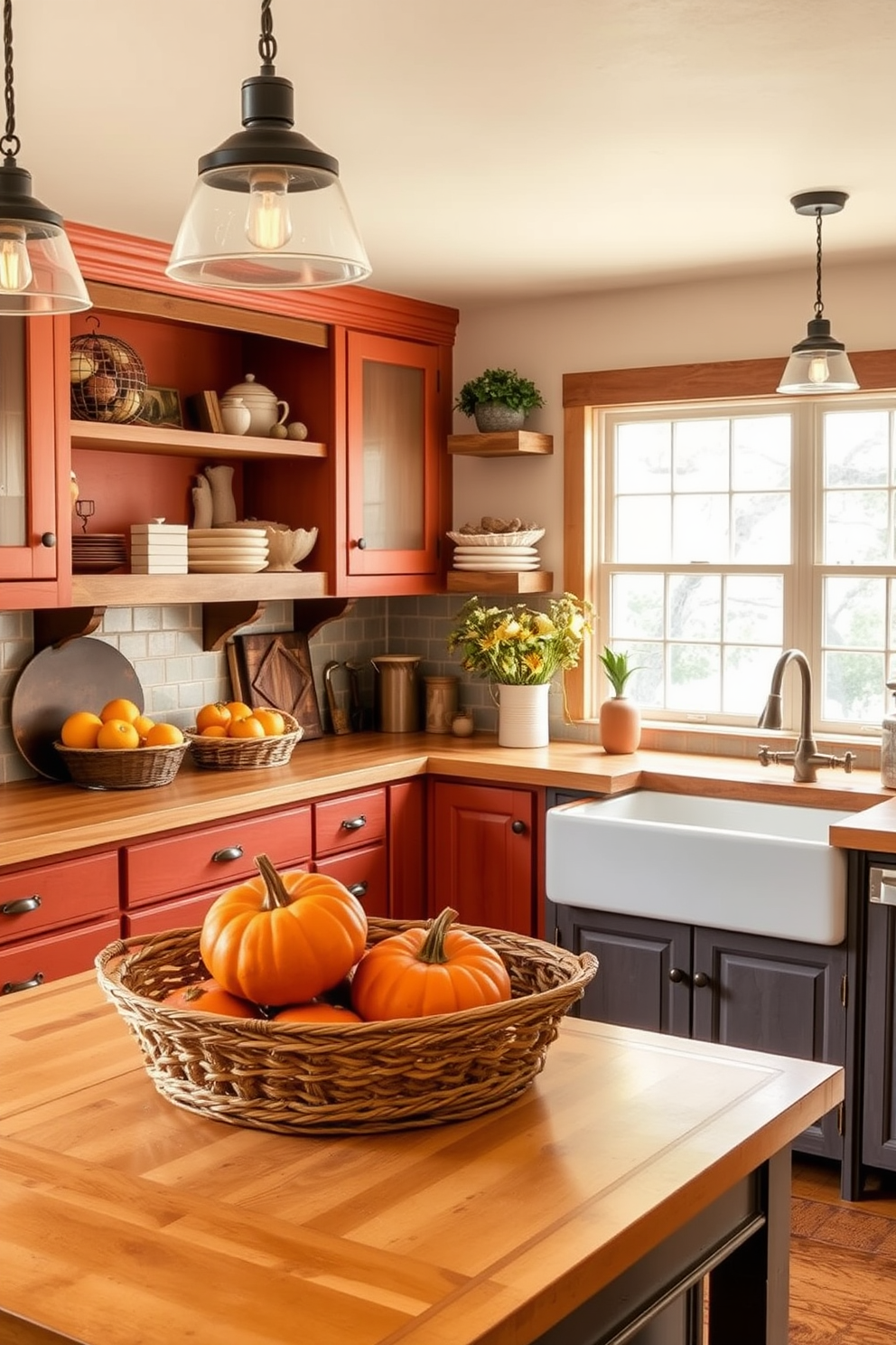 A cozy fall kitchen adorned with a warm color palette featuring earthy tones. The cabinetry is painted in a rich terracotta hue, complemented by wooden shelves displaying seasonal decor and fresh produce. The countertops are topped with a rustic butcher block, and a vintage farmhouse sink adds charm to the space. Soft, ambient lighting from pendant fixtures creates an inviting atmosphere, while a woven basket filled with pumpkins sits on the kitchen island.