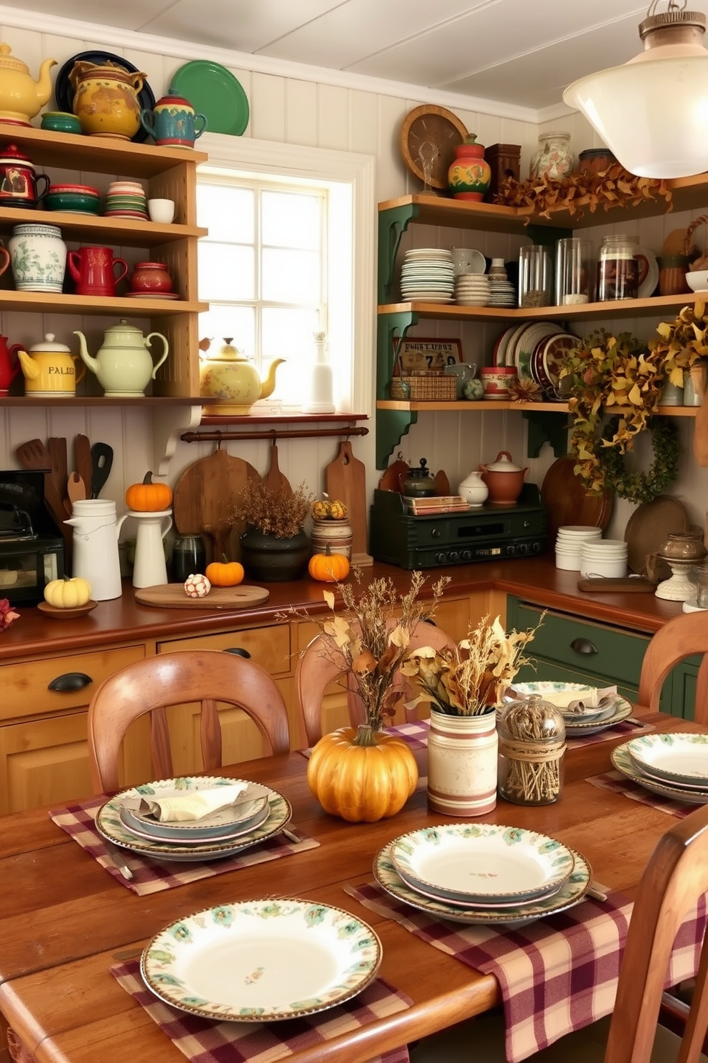 A charming vintage kitchen filled with rustic kitchenware that serves as decorative accents. Shelves are adorned with colorful ceramic dishes, antique teapots, and glass jars filled with dried herbs. The warm autumn colors are highlighted through seasonal decorations like small pumpkins and garlands of dried leaves. A wooden dining table is set with plaid tablecloths and mismatched vintage plates, creating a cozy fall atmosphere.