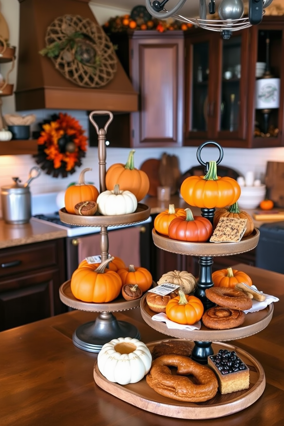 A cozy fall kitchen setting featuring tiered trays filled with seasonal treats such as pumpkins, gourds, and assorted baked goods. The kitchen is adorned with warm autumn colors, including deep oranges and rich browns, complemented by rustic wooden accents and soft, ambient lighting.